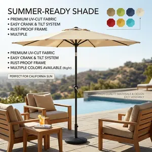 2.7M Patio Umbrella Parasol Large Outdoor Sun Shade With UPF 50+ UV Protection And 8 Sturdy Steel Ribs Easy Crank For Balcony Pool