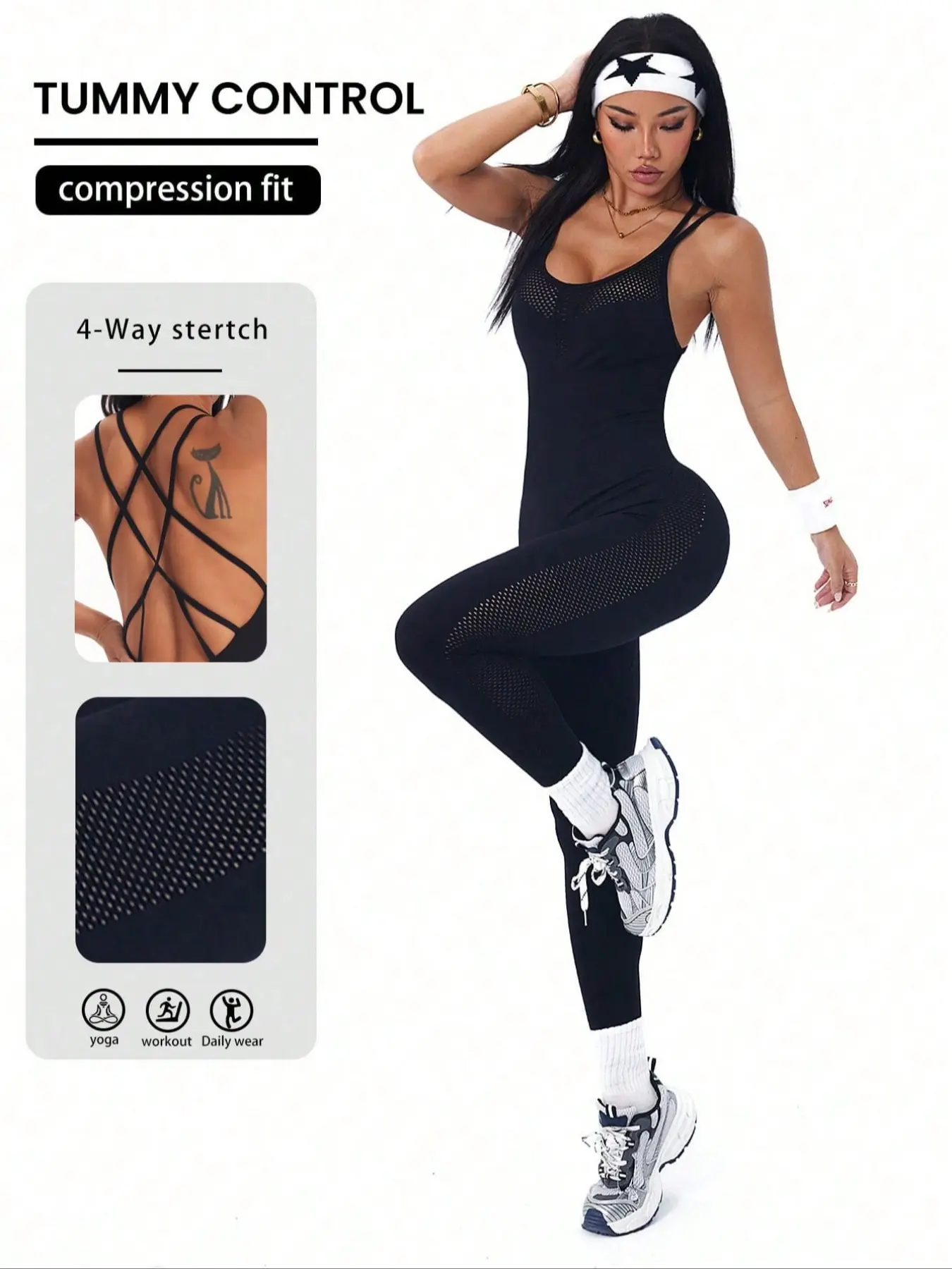 1 Piece Crisscross Back Mesh Unitard Sportswear Jumpsuits, Sleeveless Yoga Jumpsuits, Stretchable Activewear, Fitness Activewear, Sporty Jumpsuit, Tight Yoga Jumpsuit | Tummy Control & 4 - Way Stretch | For Yoga & Workouts