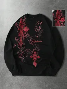 Men's black waffle-knit long-sleeve top with red gothic cross and graphic floral prints, featuring the word "Blackness". The crew neck, loose fit and textured fabric create a vintage streetwear vibe, ideal for casual daily wear and layered outfits.
