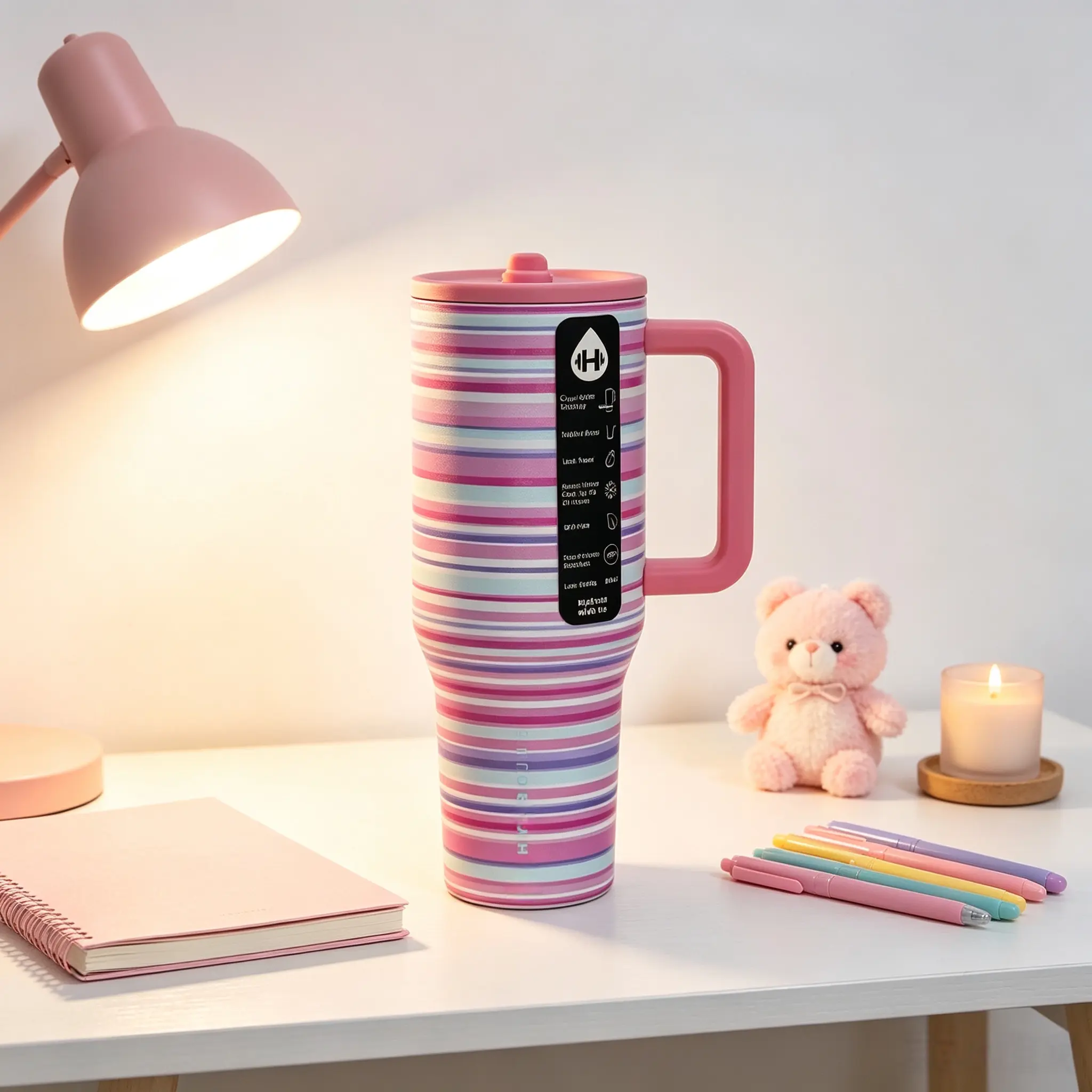 HydroJug 40oz Retro Double-Wall Stainless Steel Insulated Travel Tumbler, Pastel Pink-Purple-Blue Striped, 24hr Cold Retention, Spill-Proof, Cup Holder Friendly, BPA-Free, Iced Coffee & Gym Use