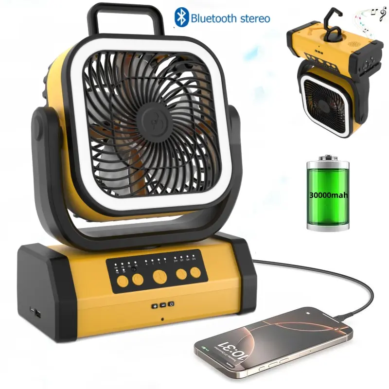 Battery Powered Fan Portable 30000mAh Rechargeable with Bluetooth Stereo,270°Pivot Battery Operated Fans Camping with LED Light & Hook,USB Personal Outdoor Camping for Tent, Travel recargables para cuba large adventure speed desk head pool camp summervibe