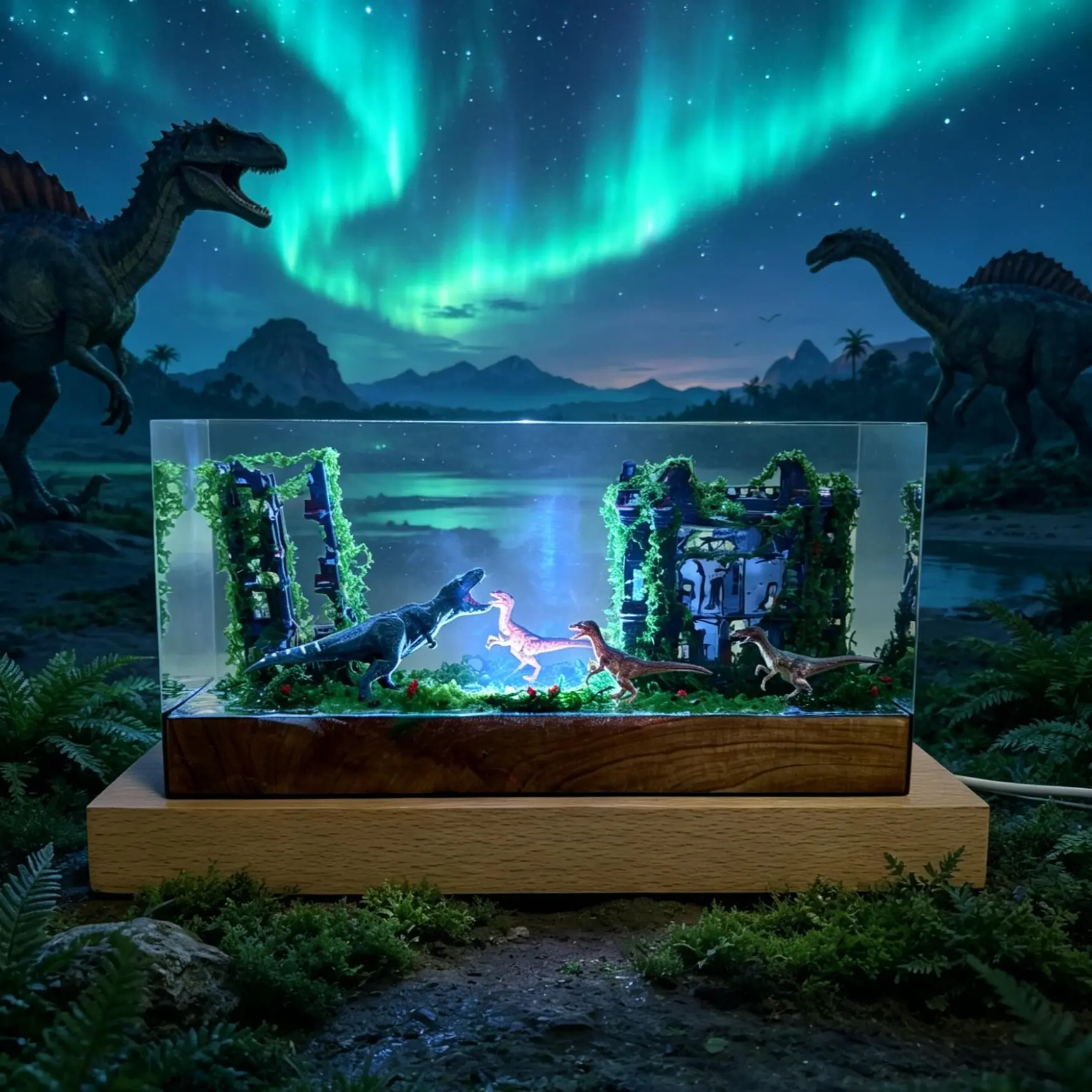 Handcrafted T-Rex Form Resin Atmosphere Light with Wooden Base, 3D RGB Color Changing Nightlight, Home Decor Art Piece, Unique Gift Ideas for Dinosaur Lovers, Night Light