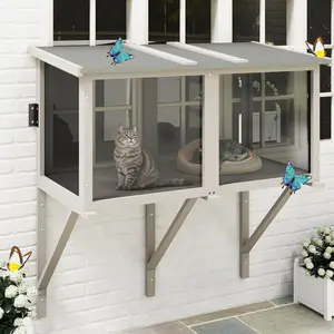 Cat Window Box, Window Catio Outdoor Enclosure for Sunbathing, Napping & Bird Watching, Sturdy Cat Window Perch for Indoor Cats, Space-Saving Hammock for Apartments, All-Weather Use, Grey