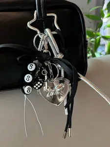 Dice & 8-Ball Rope Bag Pendants, Star-Shaped Clasp Bag Chain Charms, Heart Locket & Bow Bag Charm Pendants, Edgy Y2K Bag Decoration Keychain, Cool Streetwear Bag Pendant for Backpack Purse, Sparkly Bag Charm, Stylish Backpack Charm