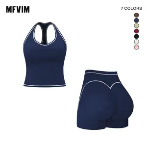 MFVIM Women's 2-Piece Solid Crop Sports Bra & High Waist Gym Shorts Athleisure Set, High-Stretch Breathable Quick-Drying Spaghetti Strap Backless Top & Drawstring Skinny Shorts for Yoga, Matching 2-Piece Outfits for Women, 2 Piece Sets,summerwins