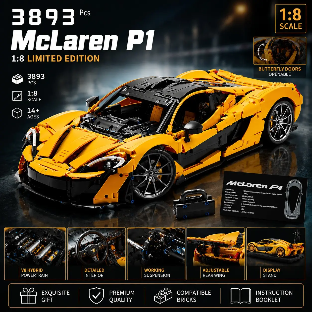 3893pcs P1 Building Set, Building Block Assembly Model, 1:8 Scale Super Car Replica, V8 Engine, Working Transmission, Collectible Racing Model, Gift for Car Enthusiasts