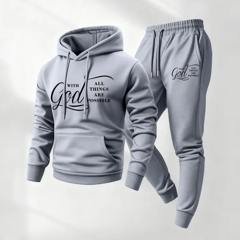 Men's God Printed Hoodie and Drawstring Sweatpants Set, Menswear, Casual Athletic Long Sleeve Hooded Jacket & Trousers for Fall & Winter, Men's Clothing for Daily Wear, Sportswear Indoor Outdoor, Tracksuit, Athleisure Summer Clothes