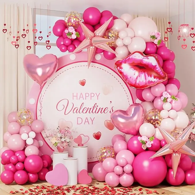 Valentines Balloons Arch Garland Kit with Explosion Star Pink Heart Lip foil balloon for Women Girls Valentine's Day Galentines Day Party Wedding Engagement Anniversary Party Supplies