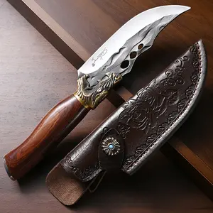 Multi-functional camping knife, handmade dragon pattern fixed blade, non-slip solid wood handle, comes with rose embossed leather sheath, suitable for home kitchen and outdoor camping, a perfect gift for men!