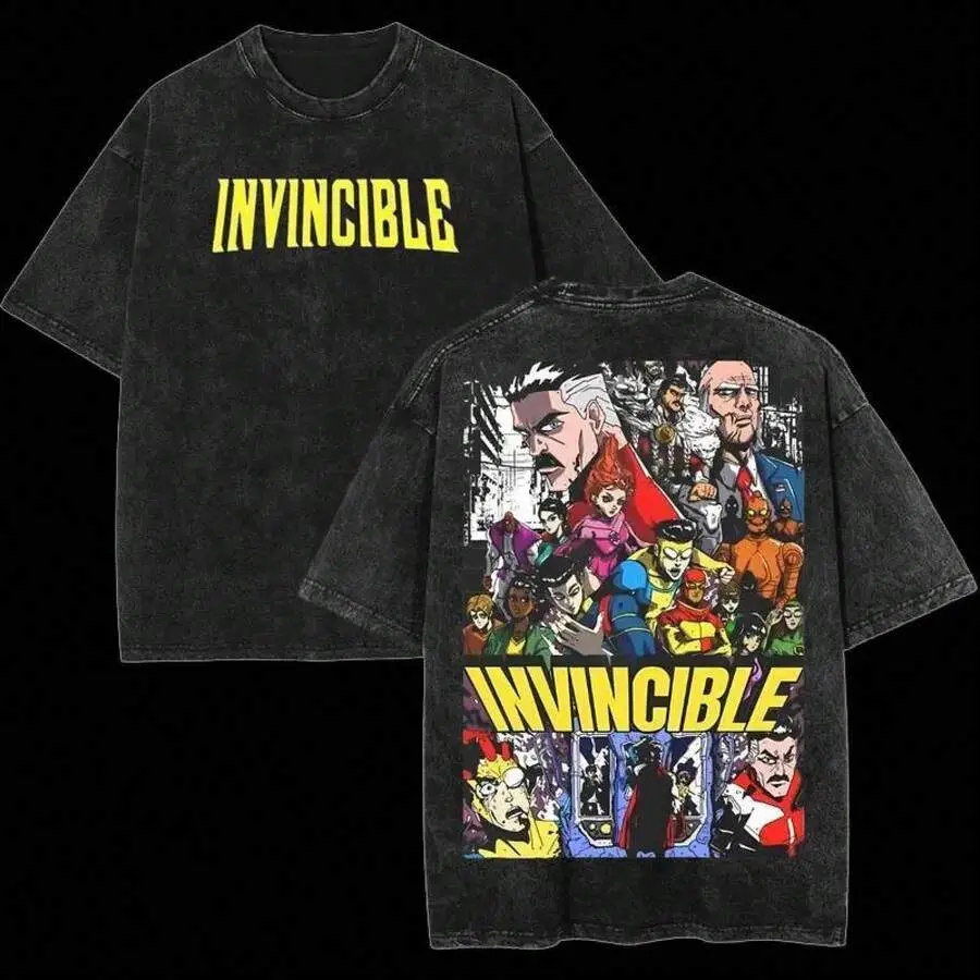Men's Vintage Black Washed Grunge Short-Sleeve Casual Streetwear Top, Oversized Unisex Tee with Front "Invincible" Logo & Back Full Superhero Team Print