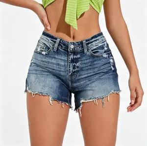 Women's Stretchy Mid-High Rise Ripped Shorts, Vintage Washed Distressed Raw Hem Denim Shorts