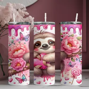 20oz stainless steel water bottle with straw, Cute sloth holding a heart and flowers surrounded by patterns skinny tumbler, suitable for fitness, travel, driving, and daily use at home. A great gift for family and friends | 1pc