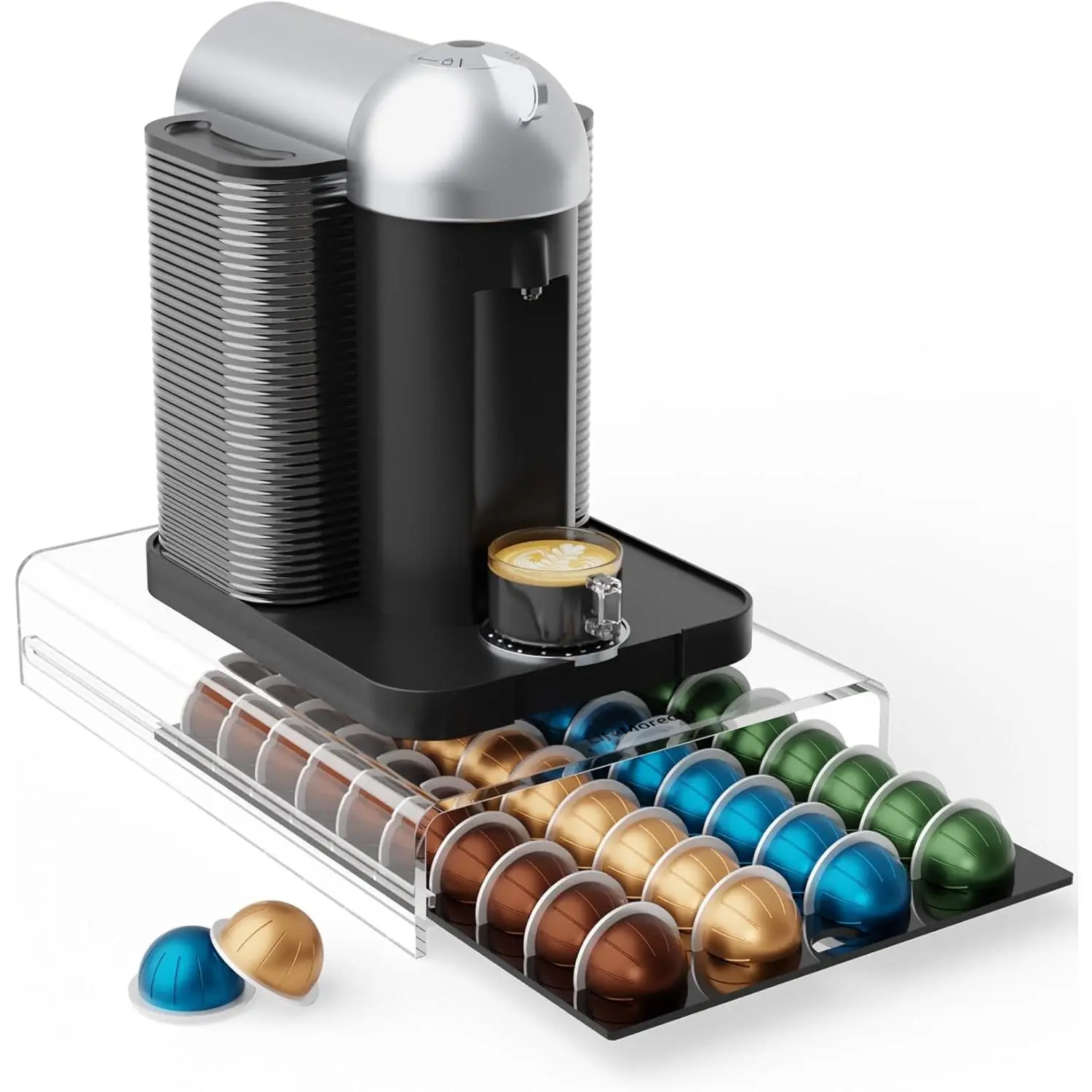 Acrylic Coffee Pod Storage Organizer for Nespresso Vertuo Coffee Machine, Countertop Storage Drawer with Anti-Roll Slots & Cleaning Convenience - 40 Pods Max Capacity