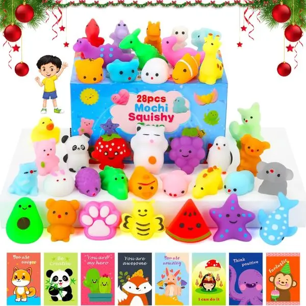 28-Pack Squishy Toys & Cards – Mochi Squishies for Kids, Party Favors, Classroom Prizes, Stress Relief Fidget Toys, Easter & Christmas Gifts Squishy Packs Squishy Bulk