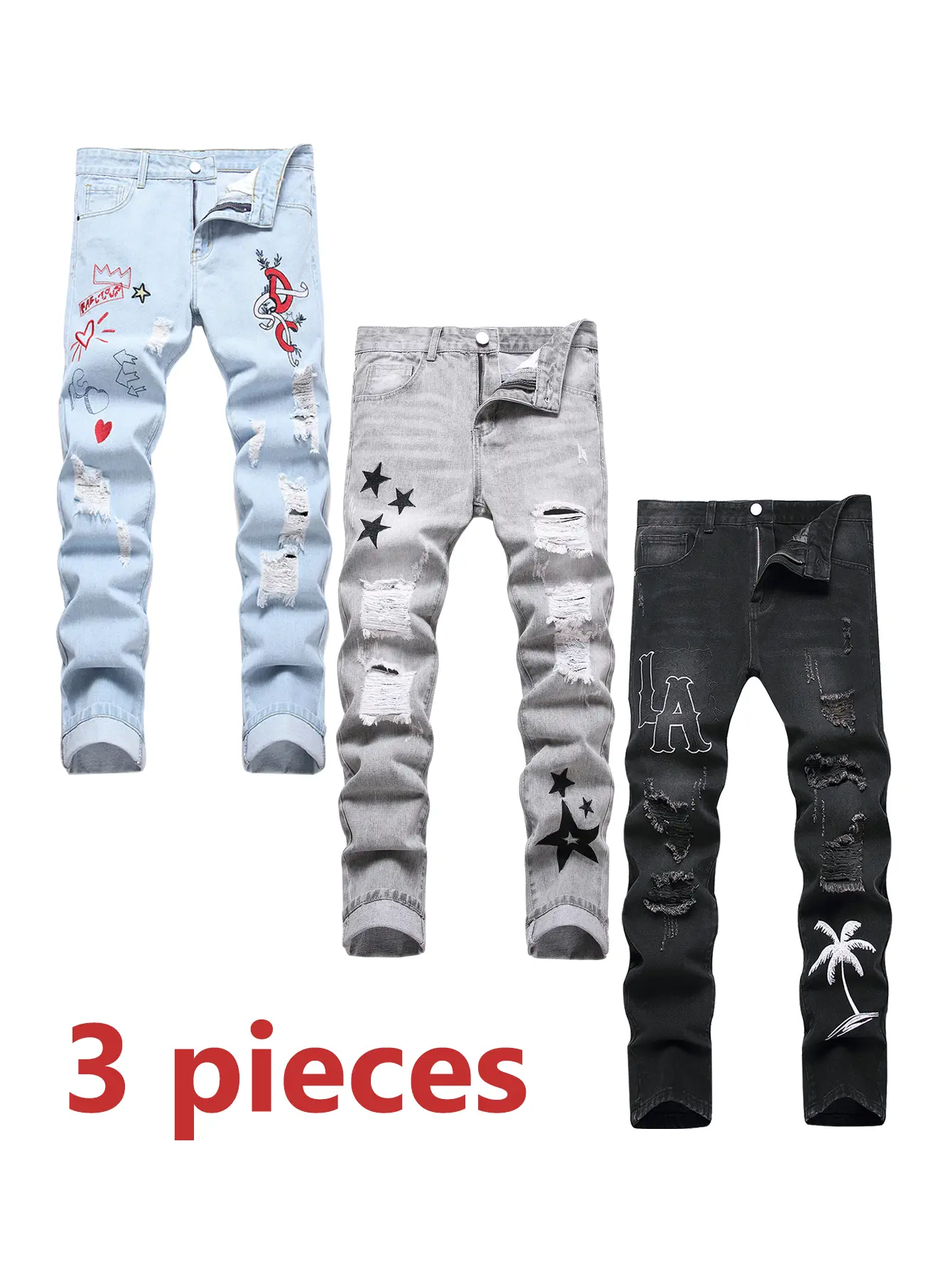 Men's Jeans 3-Pack, Stylish Street Style Denim with Heart, Star & Palm Tree Embroidery, Breathable for Daily Wear, Machine Wash, Menswear, Trouser, Casual Denim Fit, Denim Streetwear