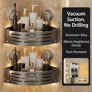VESTA No Drill Corner Shower Caddy 2-Pack, 50lbs Strong Suction Waterproof Organizer – Renter-Friendly No Damage Wall Storage (Aluminum Alloy or ABS) with Razor, Loofah Hooks for Easy Installation