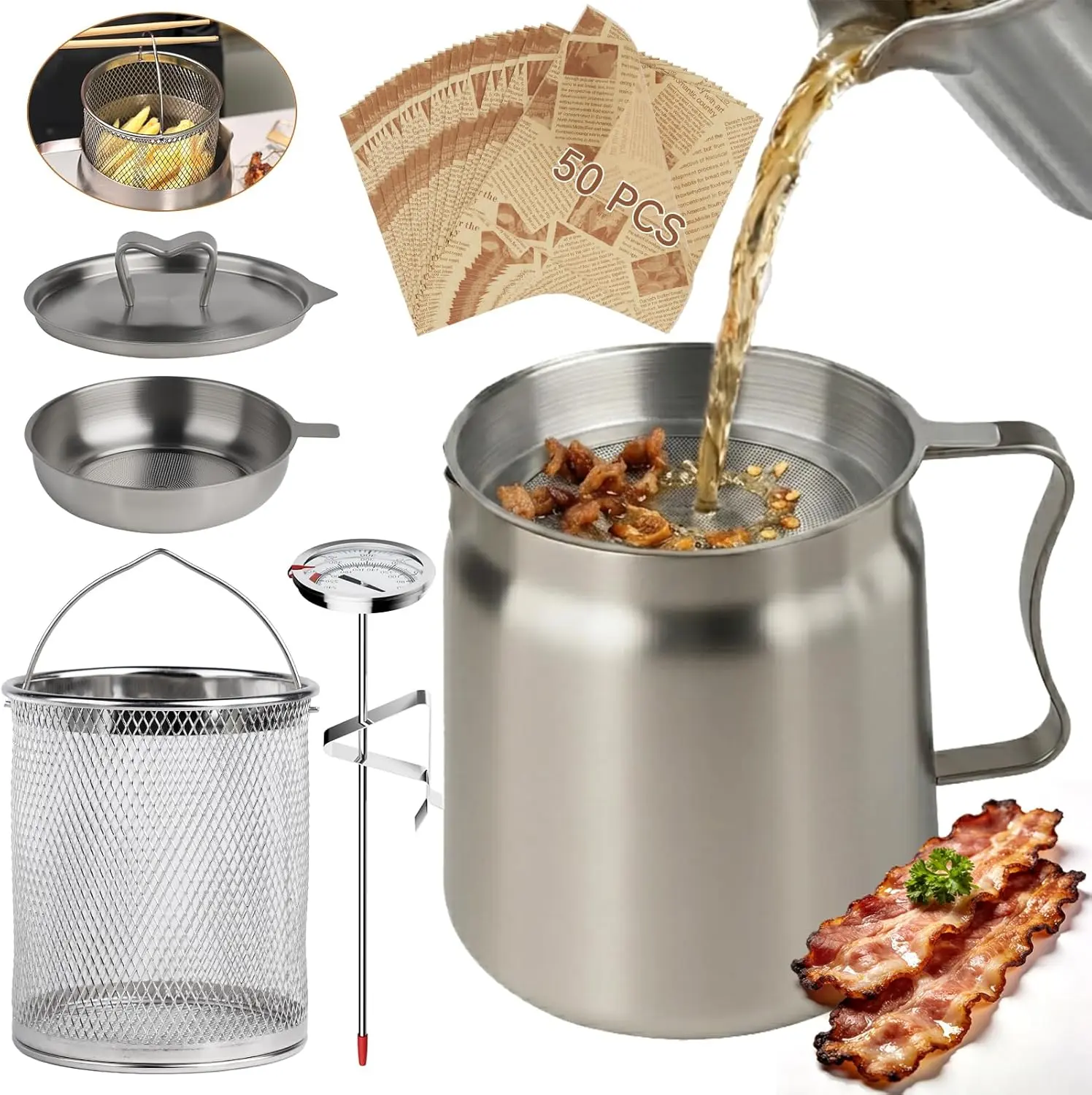 6 PCS 2L Oil Filter Pot Bacon Grease Saver with Strainer,68oz Large Capacity Fryer Pot with Basket,Cooking Thermometer & 50 Wax Papers,Stainless Steel Fryer for Kitchen Camping