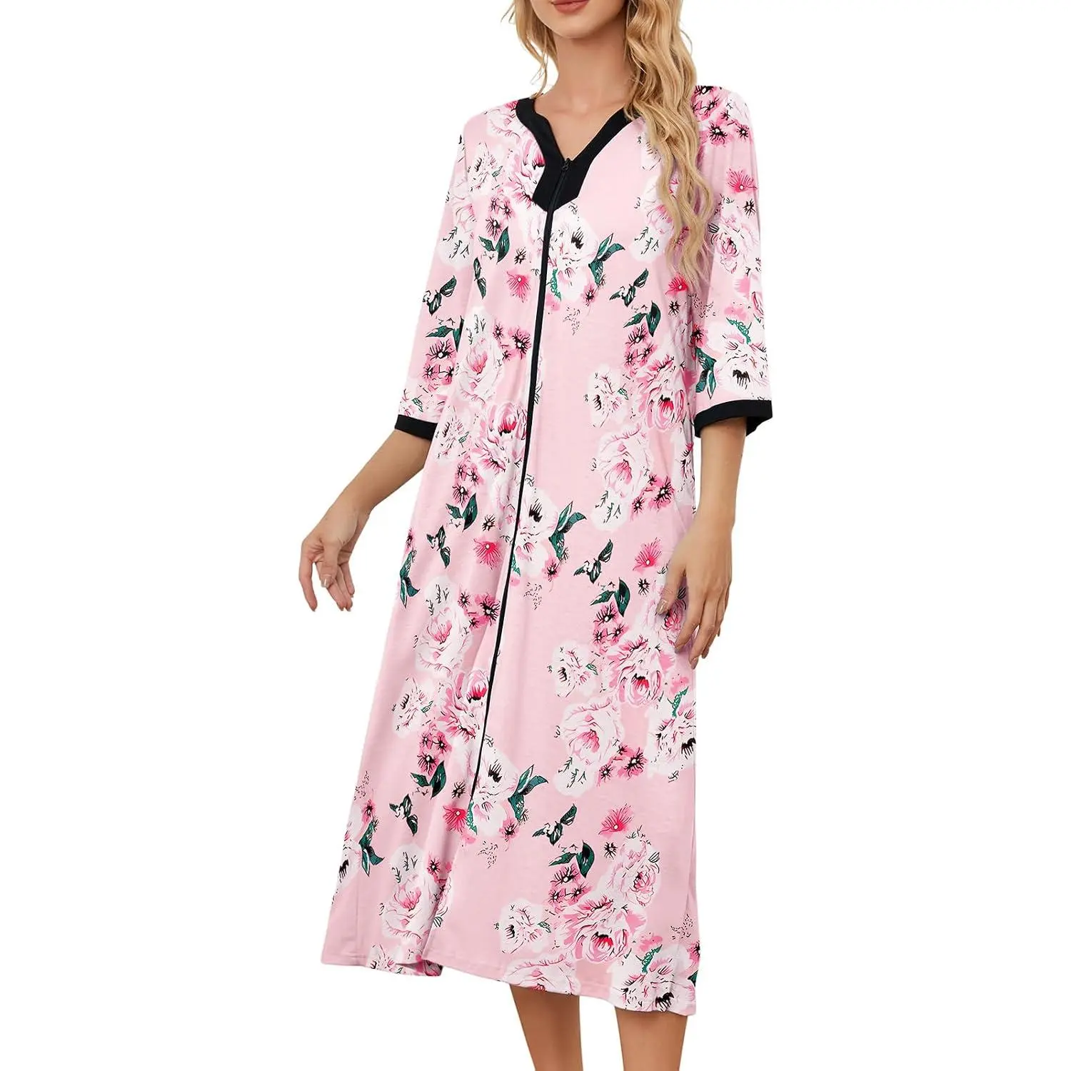 PITINAN Women's V-Neck Moo Moo Nightgown - Long Length Zip-Up Loungewear, Nightwear, Casual Wear House Coat (Sizes S-3XL)