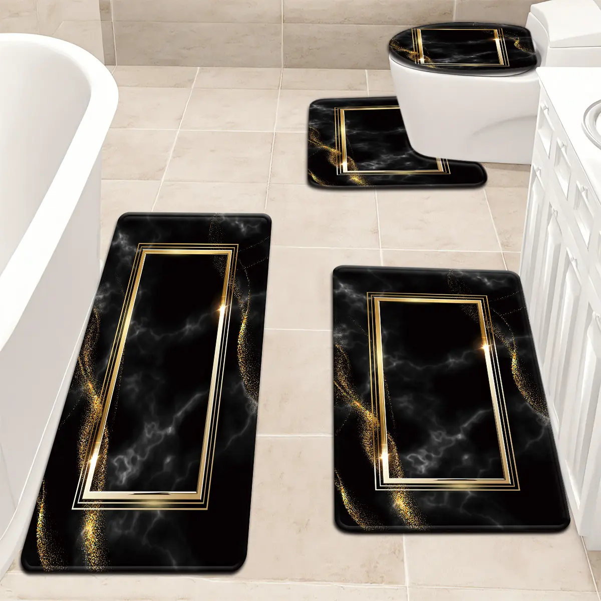 2pcs/3pcs/4pcs Black And White Marble Herringbone Pattern Bathroom Mat Set Toilet Lid Mat And Rug Bathroom Decor U-Shaped Foot Mat