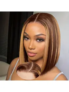 13x4 HD Lace Front Bob Wig, Lace Frontal Wig, Glueless HD Wigs & Pre-Plucked Hairline P4/27 Ombré Brown & Honey Blonde 180% Density Short Straight Style Blend of Human Hair & Heat-Resistant Synthetic Fibers Unisex Design Natural-Looking Parting
