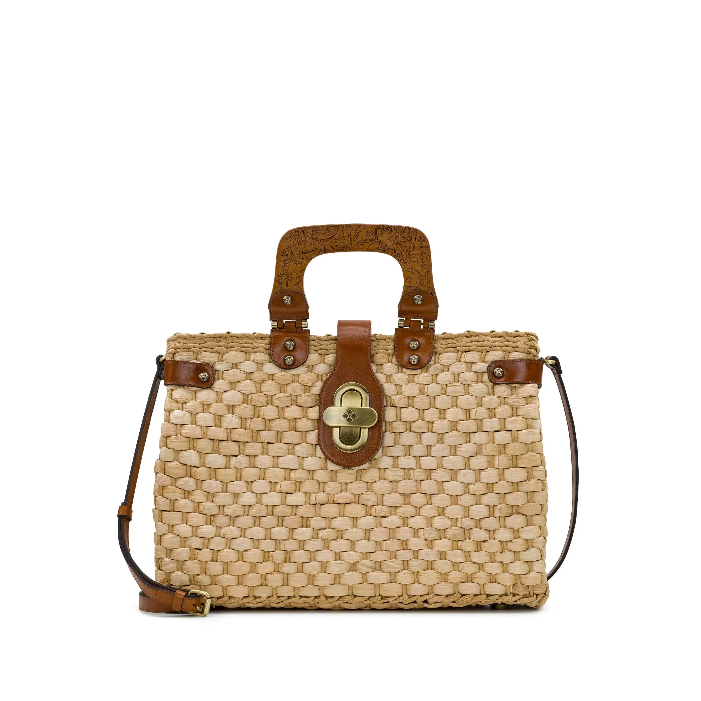 Patricia Nash Valpiana Satchel - Women's Elegant Straw/Bamboo Woven Raffia Handbag with Leather Trim, Wooden Handles, Twist Lock, Masterful Design, Folk Style