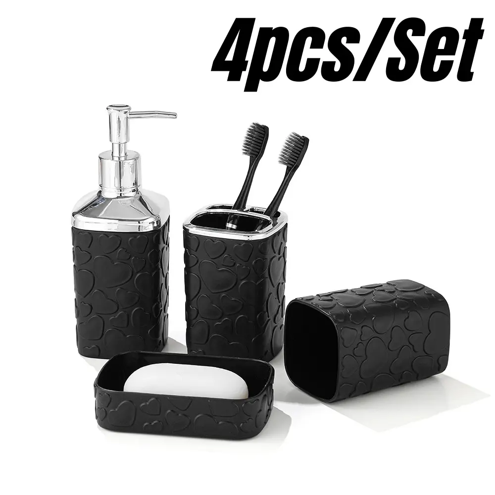 4pcs/Set Black Pattern Tray Resin Toothbrush Holder Soap Dispenser Soap Dish Bathroom Accessories Set, Restroom Accessories, Home Decor Bathroom Organizer