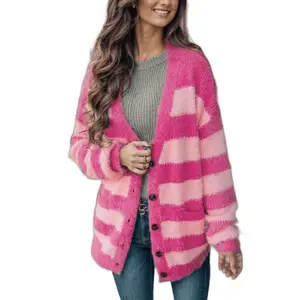 Striped Button Up Pink Fuzzy Cardigan with Pockets