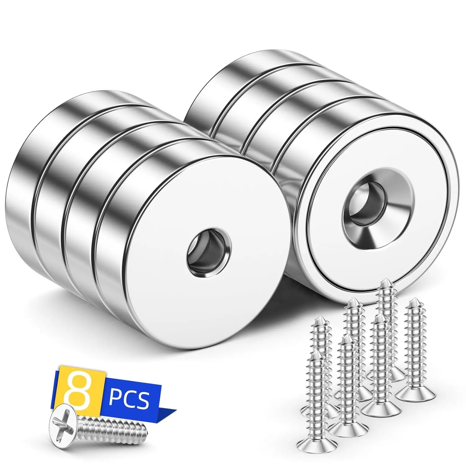 8 Pack Neodymium Cup Magnets, 30LBS Holding Force Rare Earth Magnets with Countersunk Hole & Stainless Screws for Garage, Tool Holders, Machines, Clocks, Lamps, Steel