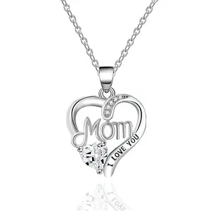 Mom Heart Pendant Necklace with Crystal I Love You Gift for Mother’s Day