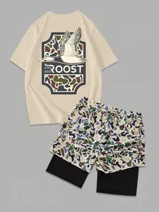 Two-Piece Set Men's Camo Print Short Sleeve Tee & Camo Print Shorts Set, Regular Fit Casual Round Neck T-shirt & Shorts, Men's Summer Clothes, Matching Shorts Set