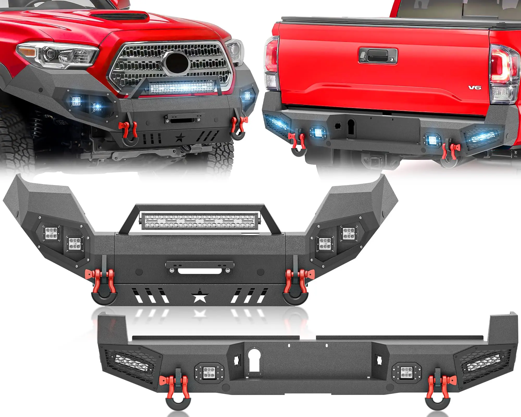 【EYOUHZ】Front & Rear Bumpers Compatible with 2016-2023 Toyota Tacoma 3rd Gen with 9 x LED Lights, Sensor Holes, Winch Plate, Skid Plate, License Plate Frame, Paintable Armor & D-rings, Black,car accessories
