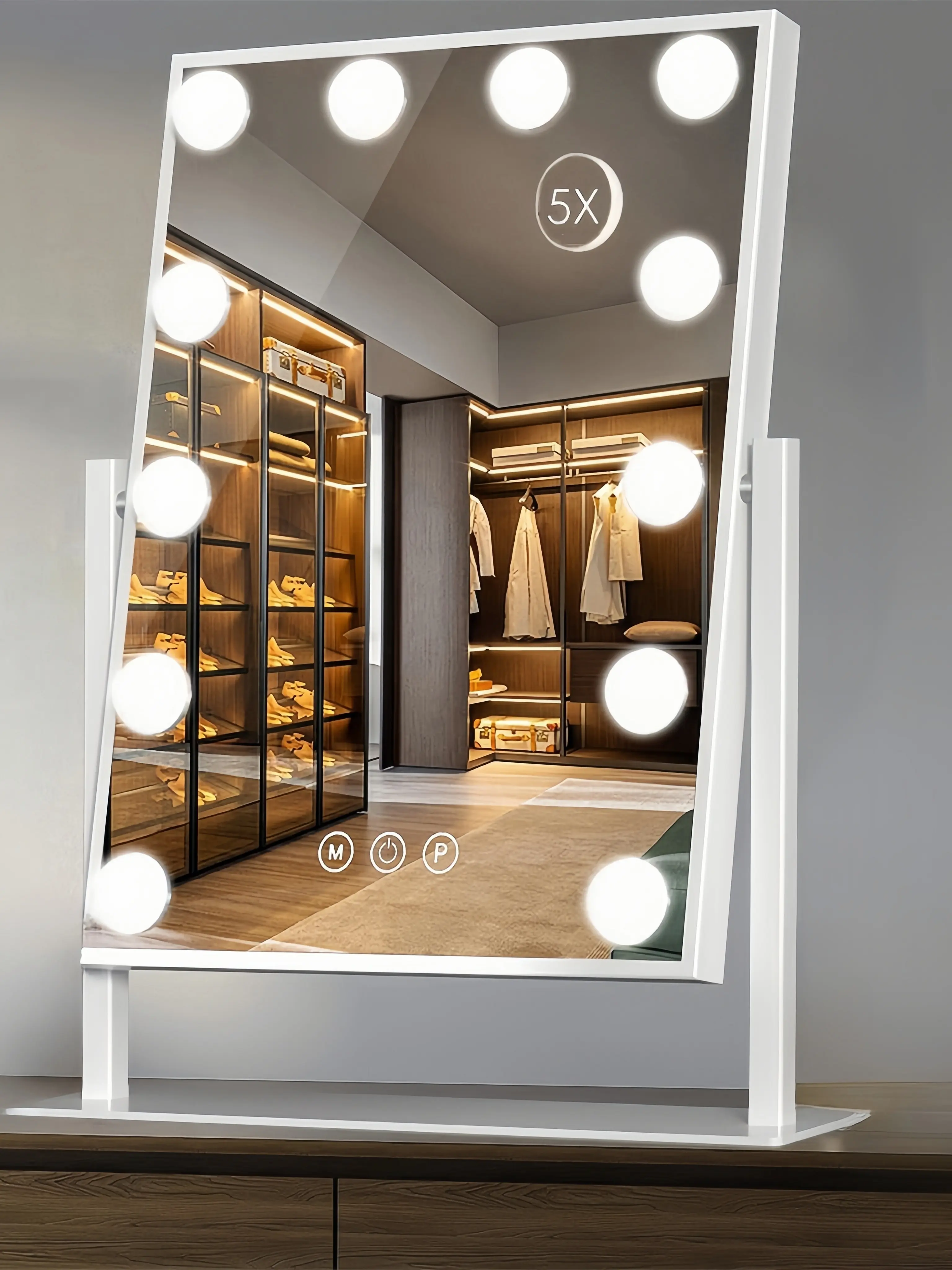 Illuminated makeup mirror, 12 dimmable bulbs, detachable 5x magnifying glass, smart touch control Hollywood Magic mirror 3 color light desktop makeup mirror, 360° rotation.
