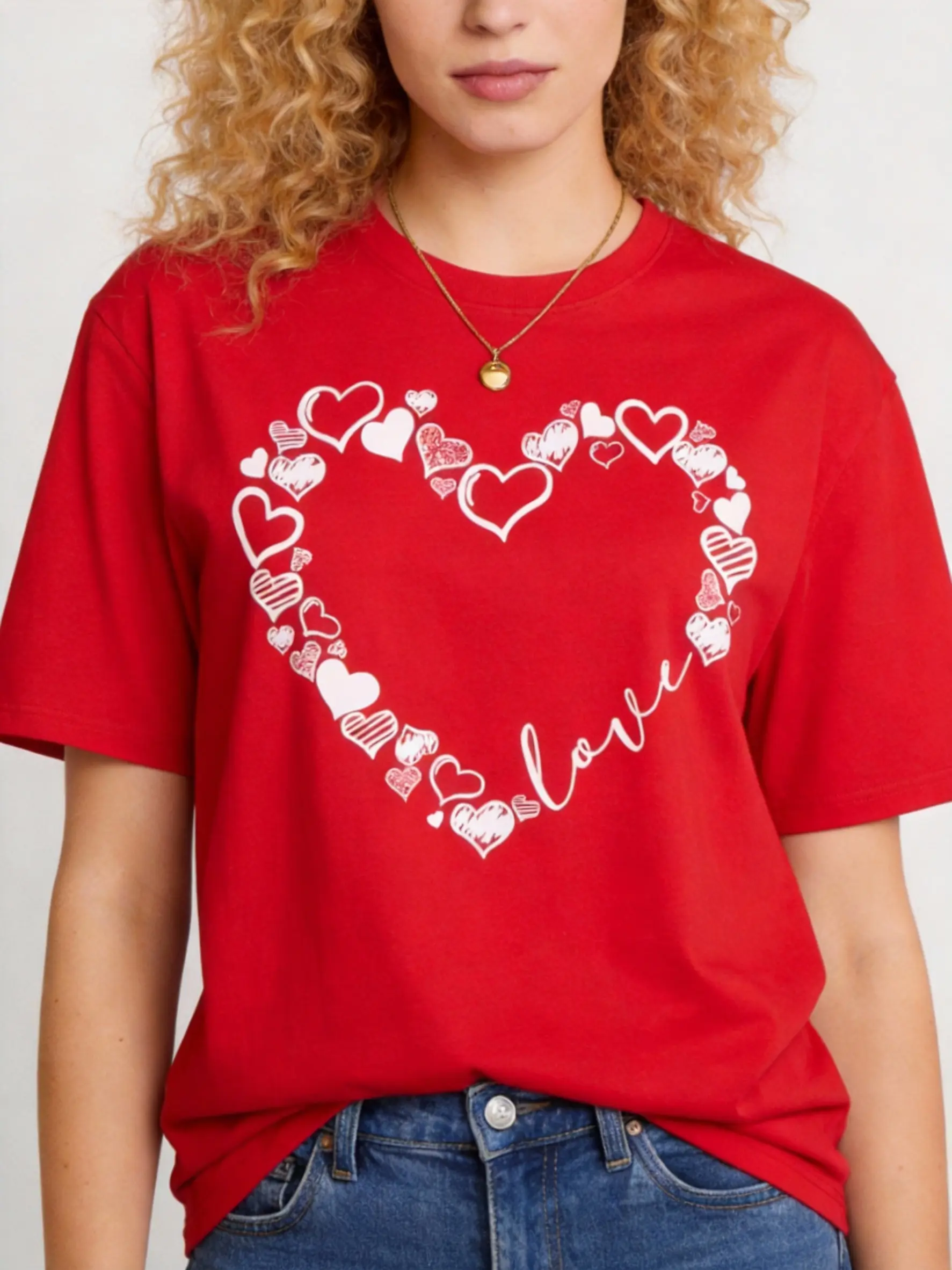 Women's Valentine Cotton Short-Sleeve Print T-Shirt - Cute Love Heart, Casual Fit, Oversized Tee Top
