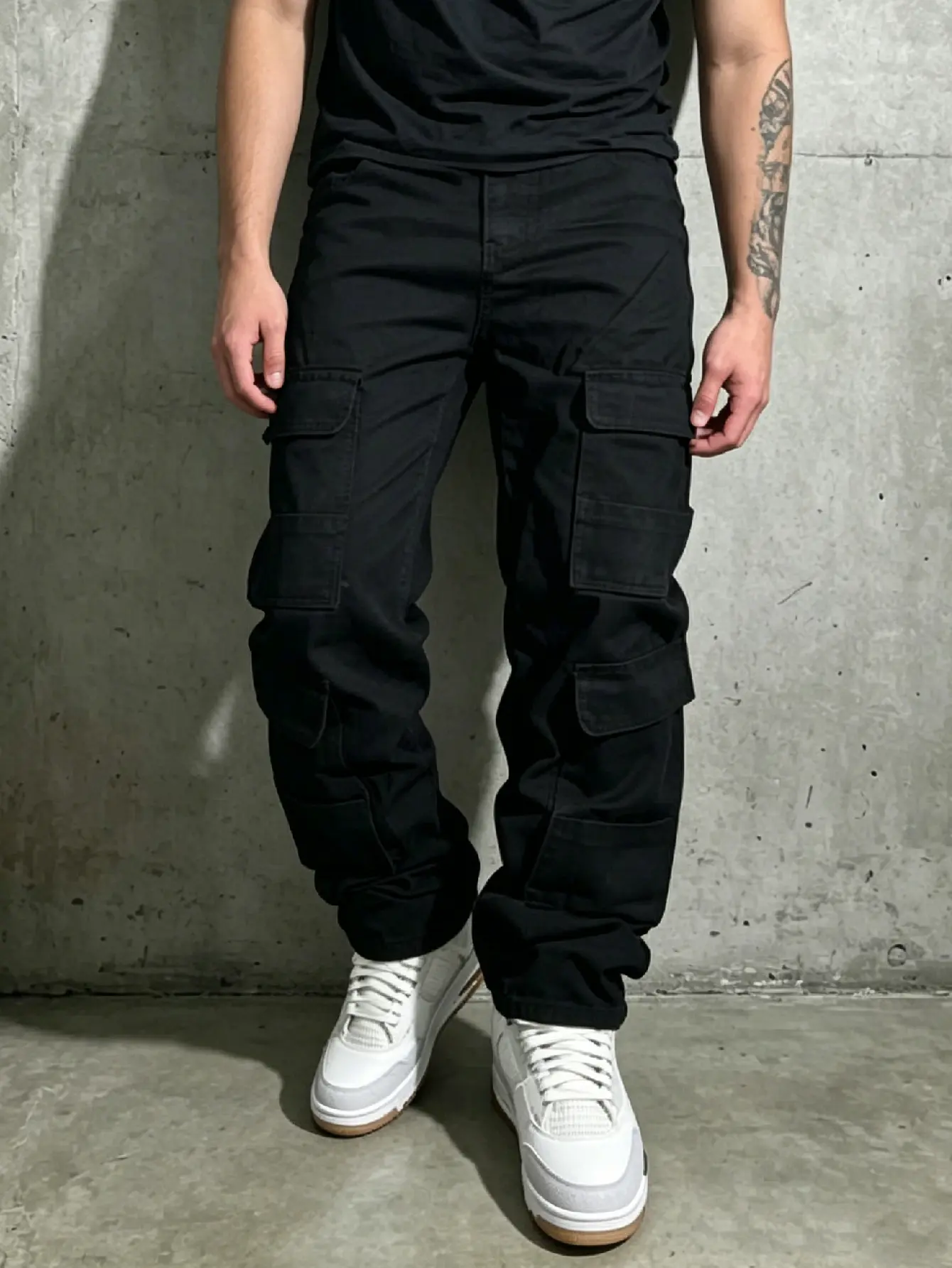 SRETOUU Men's Black Multi-Pocket Baggy Cargo Jeans Fashion High Street Men Straight-Leg Long Pants Baggy Wide-Leg Denim - Fabric