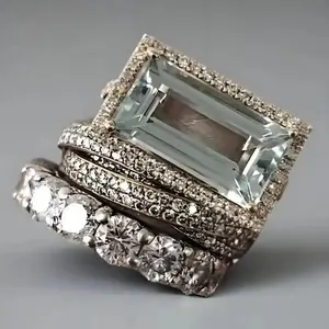 Three-piece ring set, personalized fresh style, fashionable and luxurious, creative large rectangular women's ring