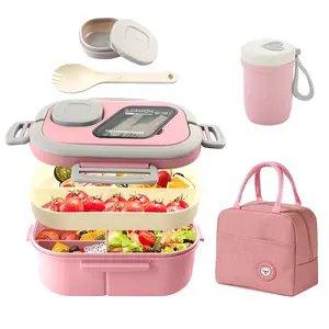 3 Pcs Portable Lunch Container Set for Adults & Kids, Includes Bento Box, Soup Cup, Lunch Bag, Keeps Food Fresh & Flavor Separate, Plastic Bento Box