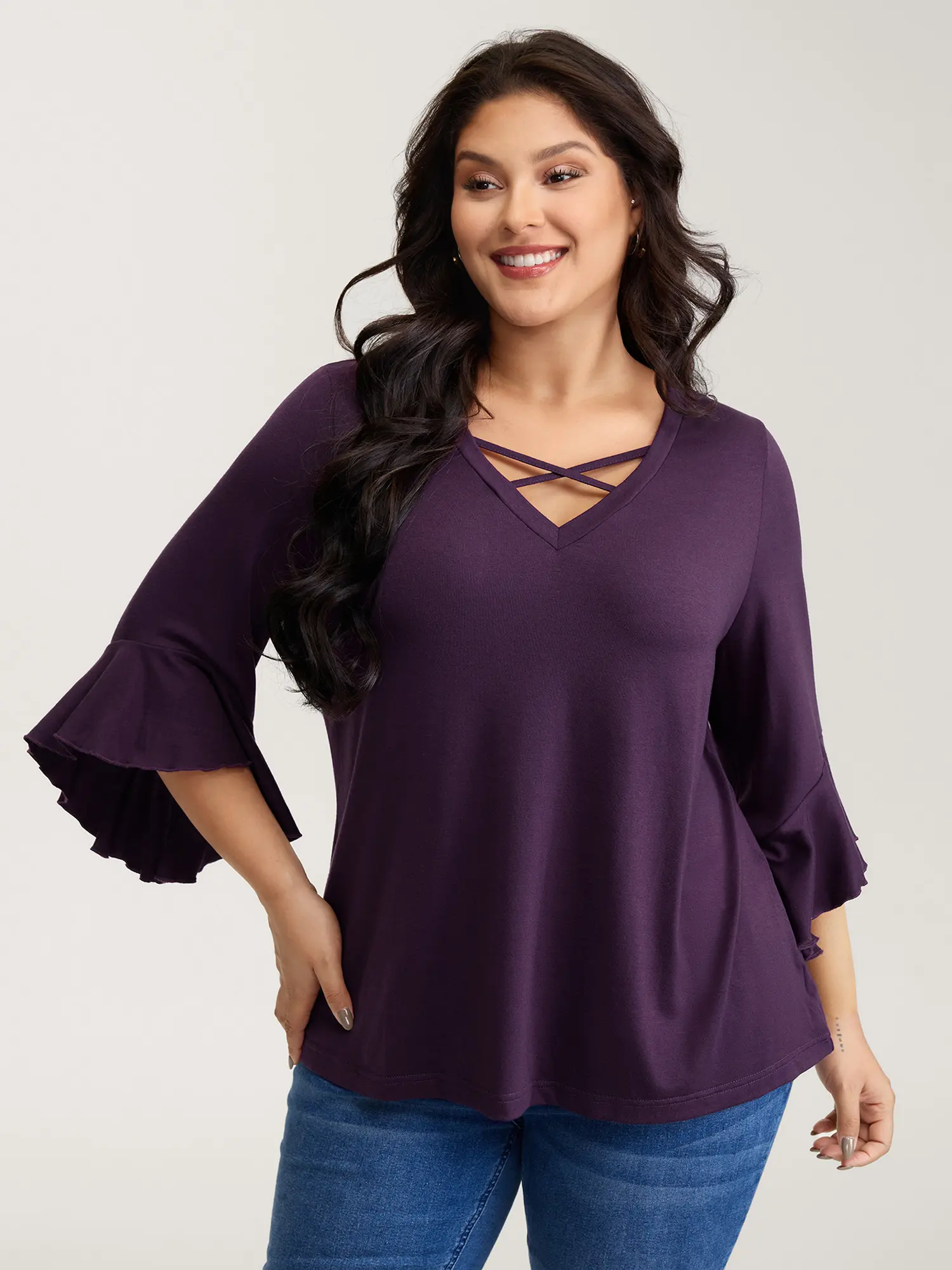 BloomChic Women's Stylish Knit Blouse - Timeless V-Neck Basic Top with Elbow-Length Ruffle Sleeves, High-Stretch Spandex Fabric, Flattering Fit, Women's Shirts,clothes for back to school,first day of school outfits