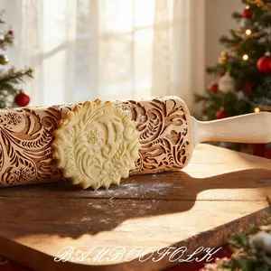 1pc Christmas Snowflake Vine Embossed Wooden Rolling Pin for Baking, Deep Engraved Cookie Cutter For Baking Embossed Cookies,Cute Kitchen Decor DIY Tool for Adults, birthday gift women,gift women, mom birthday gift