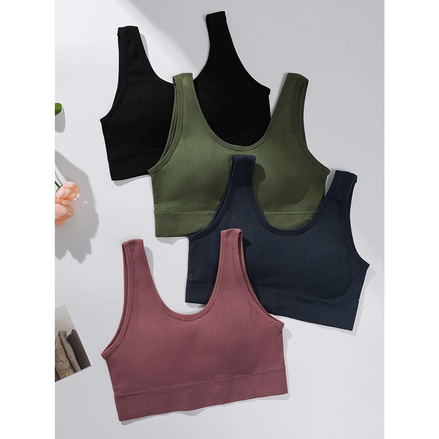 4pcs Women's Wire-Free Sports Tank Tops Removable Pads Seamless Breathable Gym Yoga Casual Wear Solid Colors Black Olive Blue Navy Pink