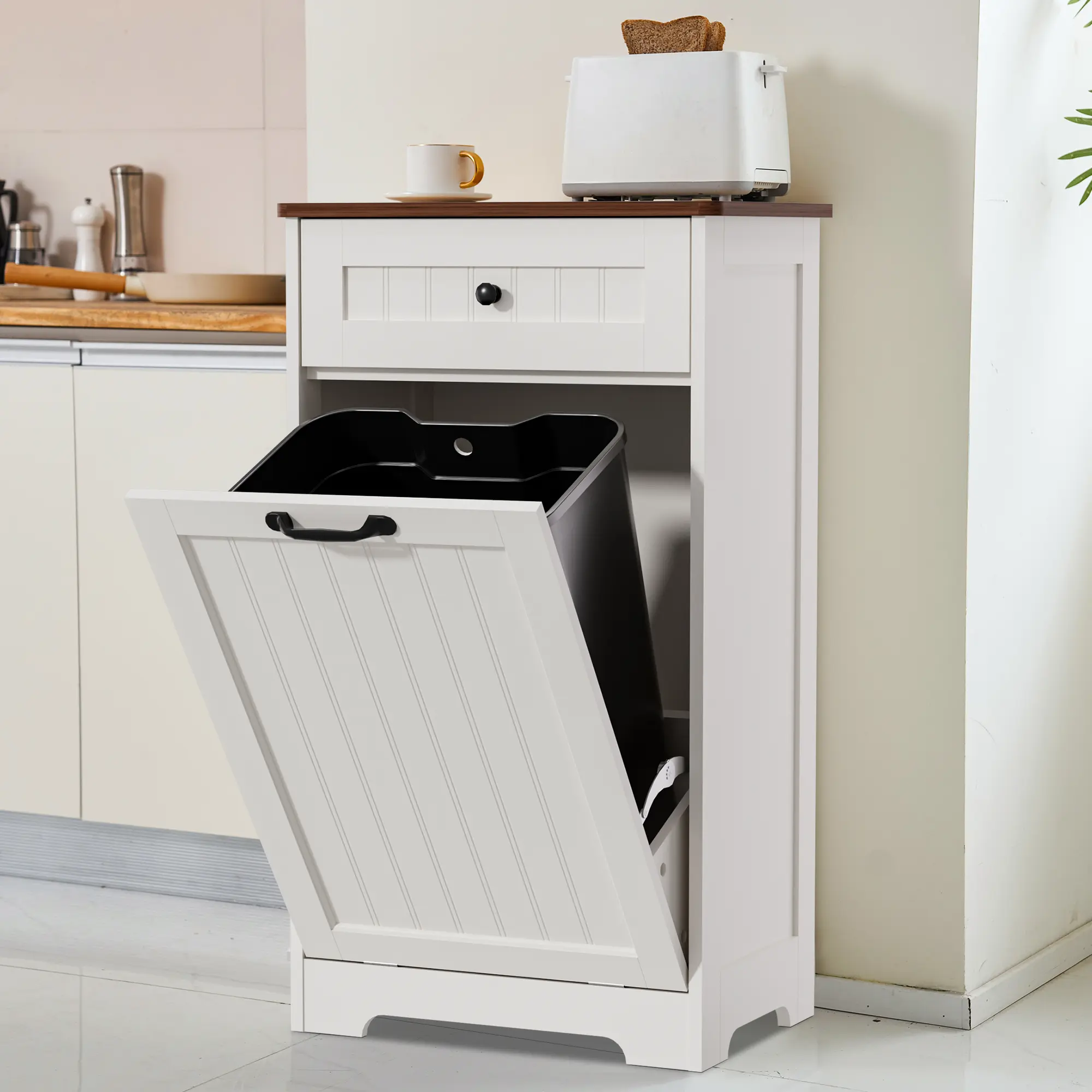 【Does Not Include Trash Can】 Dragosum Tilt-Out Hidden Trash Can Cabinet 10 Gallon, Wooden Kitchen Trash Bin Pet Proof & Odor Control, Recessed or Freestanding for Kitchen Pantry Living Room,summerwins