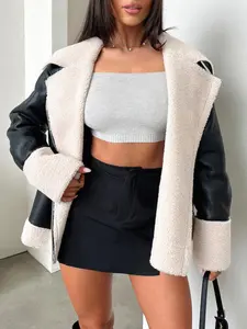 Women's Colorblock Faux Wool Fur Jacket Coat, Warm Winter Travel Outerwear, Stylish Patchwork Design, Soft & Cozy Fabric, Loose