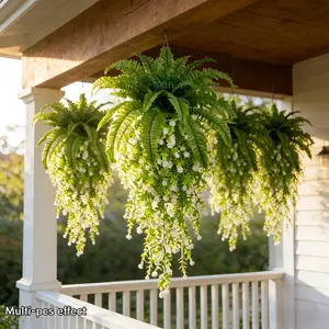 Large Boston Ferns (2) & Eucalyptus Vine Stems (8), Natural Realistic Texture, Outdoor Wedding Garden Decor, No Maintenance, Outdoor Artificial Plants