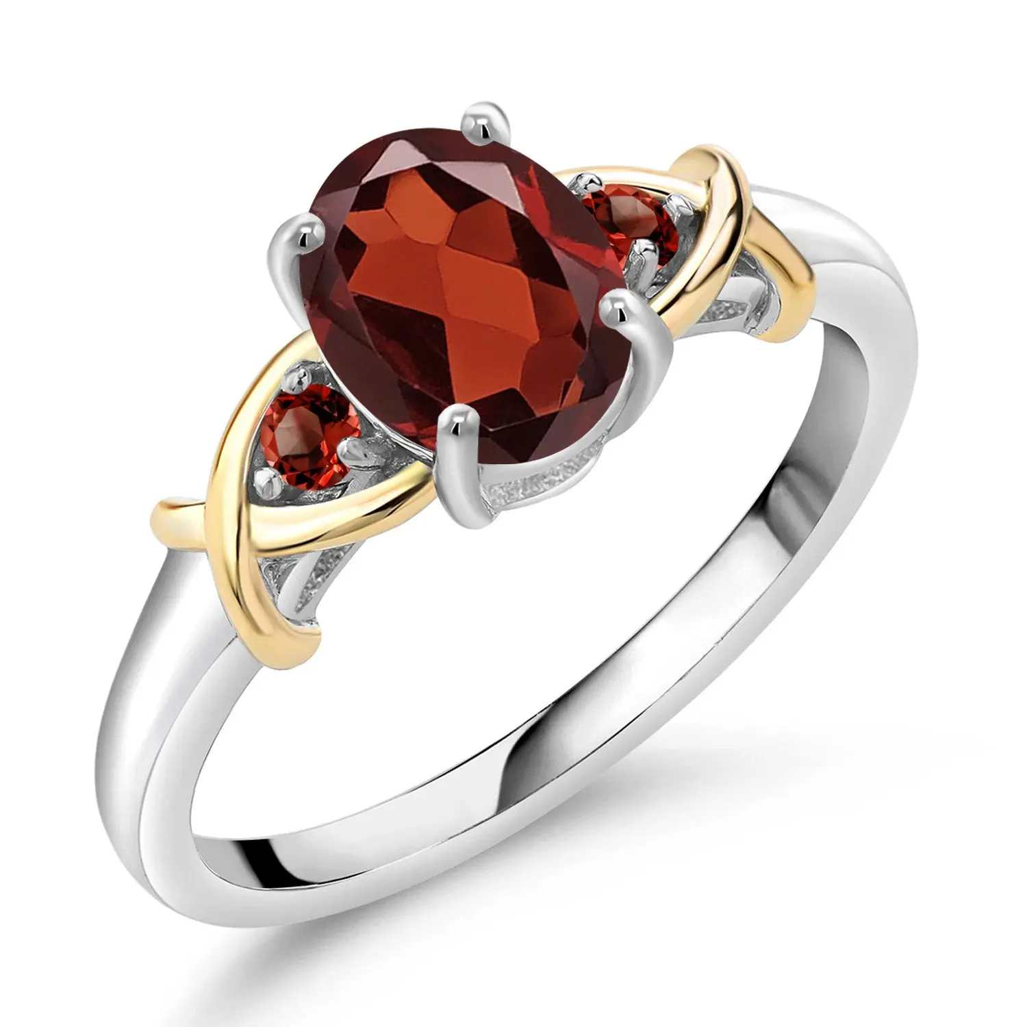 1.60 Cttw Red Garnet 3-Stone Ring For Women | 925 Silver and 10K Yellow Gold | Oval 8X6MM | Gemstone Birthstone | Three Stone Wedding Engagement Anniversary Ring For Women