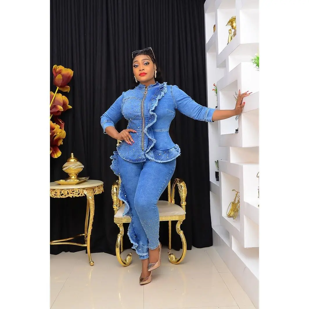 Luxury Denim and Diamonds Party Outfit, Matching Ruffled Stretch Curvy Jeans Top & Pants Cotton Sparkly Rhinestone Birthday Graduation Date Night Ladies Concert Graduation Casual Party Wear two piece set matching sets for women