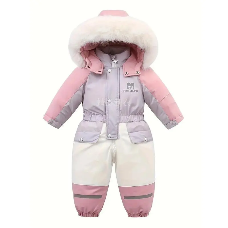 Girls’ Winter Polyester Knit Ski Suit - Color Block/Animal Print, Fleece-Lined Thick, Pockets, Long Sleeve, Sports Bottoms, for Skiing/Snowboarding, Sizes 1-2Y, 3-4Y, Knit Fabric, Regular