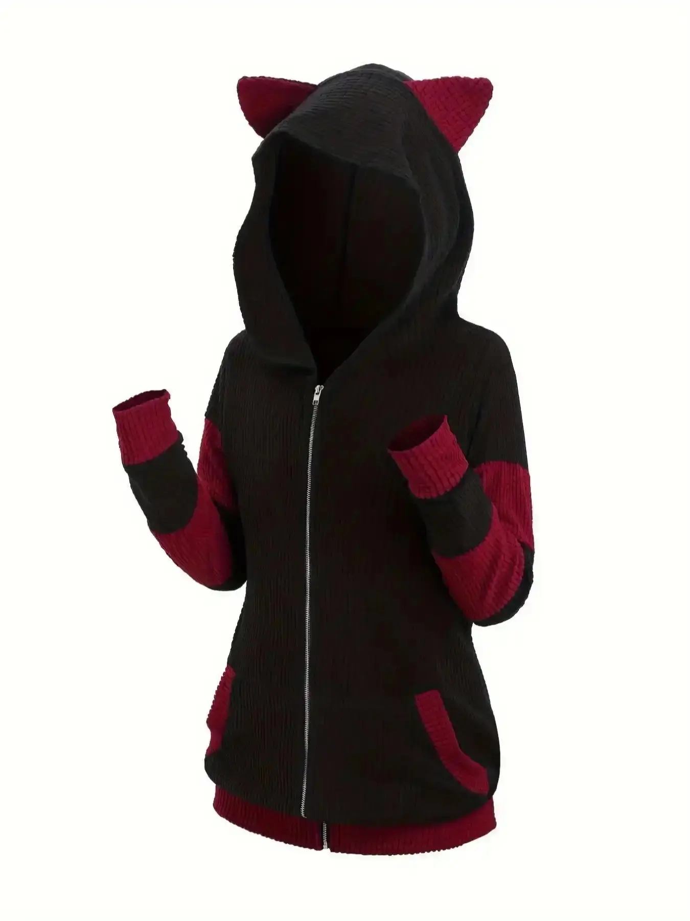 Elegant Women's Colorblock 3d Ear Design Textured Zip Up Hooded Coat, Cute Long Sleeve Pocket Outerwear for Fall and Winter, Clothes for Daily Wear, Offers Protection from Breezy Days, Must Have Fashion Piece for You
