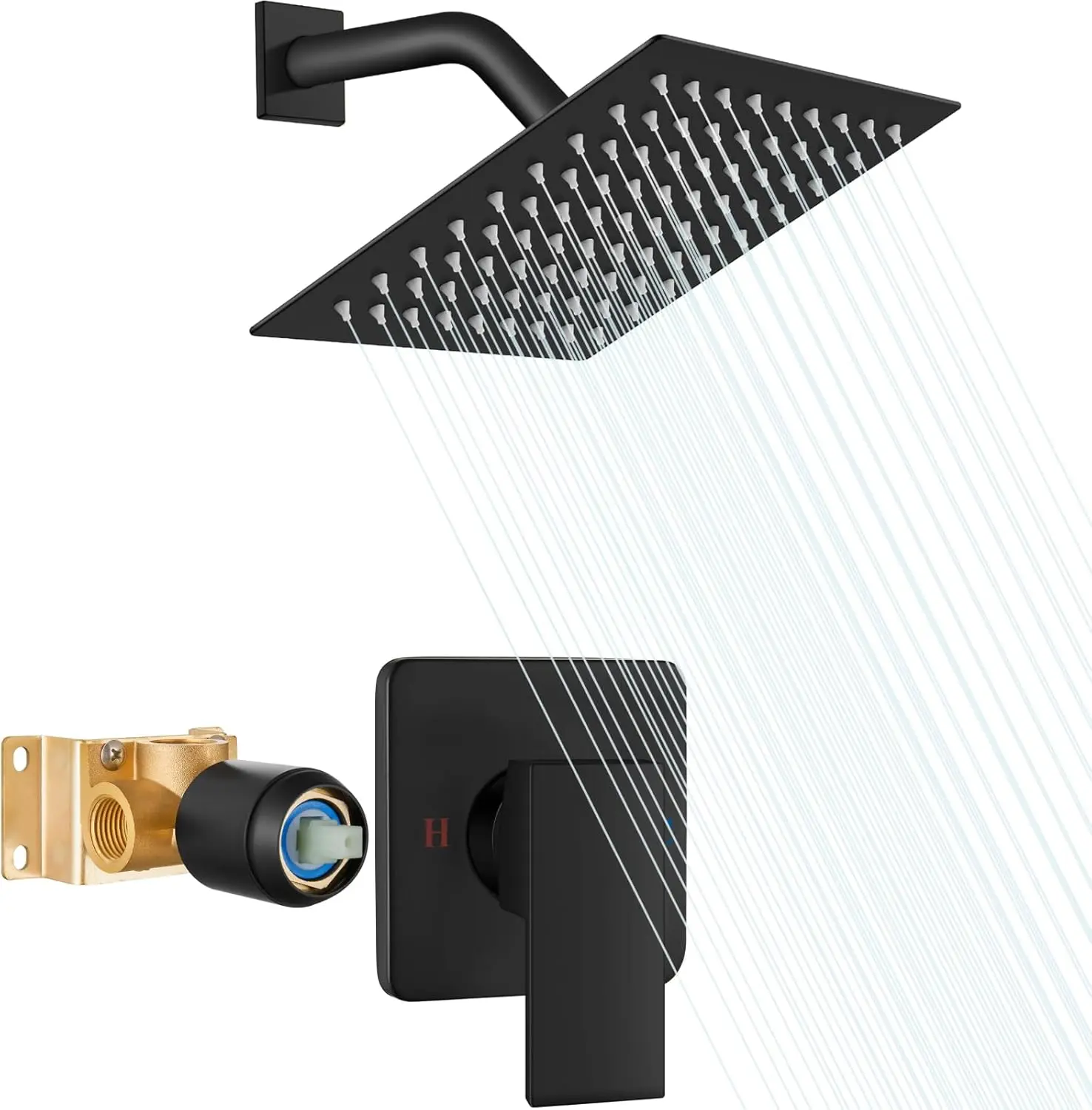Shower Faucet Set with Valve, Bathroom Rainfall Shower System, Wall Mount Single Handle Shower Trim Kit, Rainfall Fixed Shower Head, 8 Inch Square Shower Head, Matte Black
