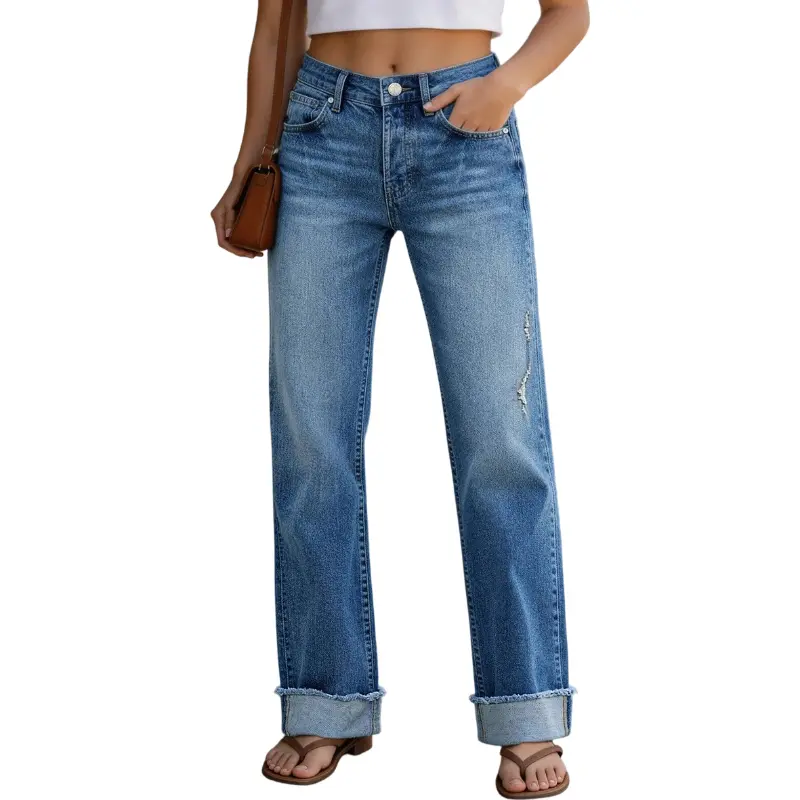 Flamingals Wash Ripped Roll Hem Mid Waist Straight Leg Jeans Stretchy 29.7'' Inseam