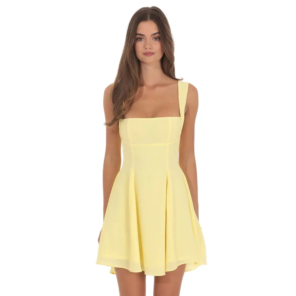 Back Bow Fit and Flare Dress in Pastel Yellow