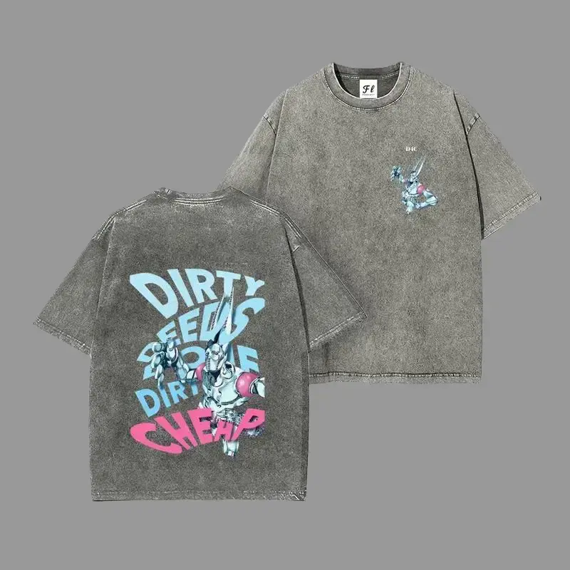 Unisex Vintage Acid-Washed Oversized Cotton Crewneck T-Shirt - Loose Drop Shoulder, Front Tiny Robot Warrior Emblem, Back Bold Slogan Mecha Character Double-Sided Print, Retro Anime Streetwear Casual Top, Unique Gift